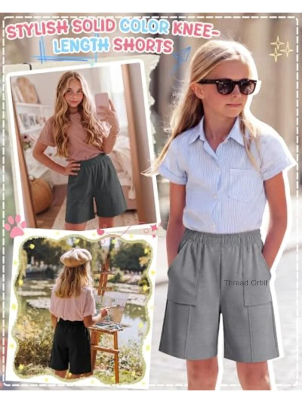 3 Pack Girls' Bermuda Shorts Knee Length Straight Long Shorts Summer Athletic